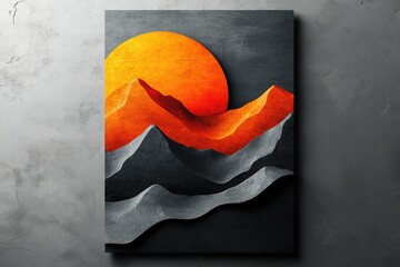 Graphic layout featuring a vibrant sunset over stylized mountains in bold colors