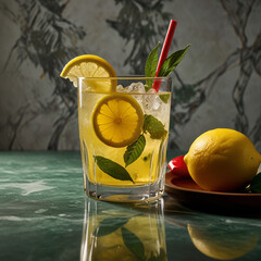 Fresh orange juice in glass cup next to a sliced orange