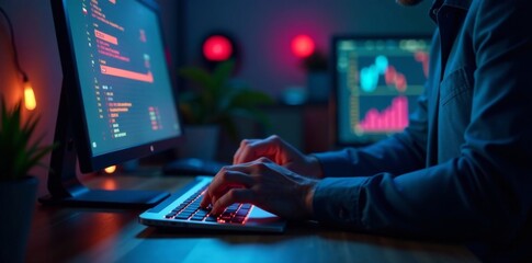 Investor typing on keyboard in dimly lit room with holographic display, keyboard, dimly lit room