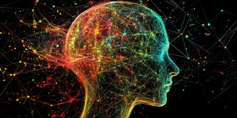 Brain, neural networks, glowing pink neurons, electric synapses, 3D render, futuristic, anatomical visualization, neon colors, dark background, high detail, scientific illustration, digital art, cyber