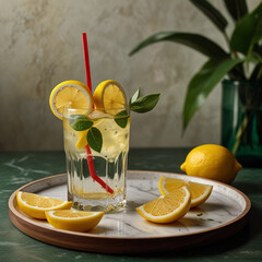 Fresh orange juice in glass cup next to a sliced orange
