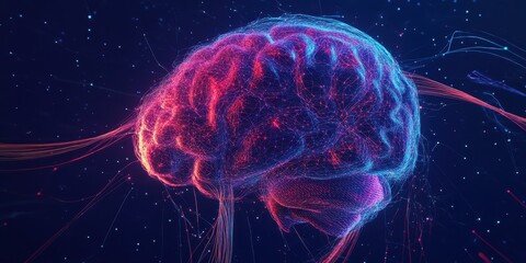 Fototapeta premium Brain, neural networks, glowing pink neurons, electric synapses, 3D render, futuristic, anatomical visualization, neon colors, dark background, high detail, scientific illustration, digital art, cyber