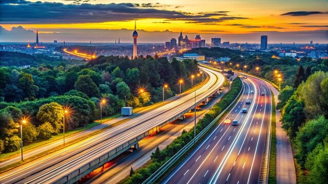 Panoramic Autobahn A7 near Hamburg, Germany: Highway Sign, Cityscape View