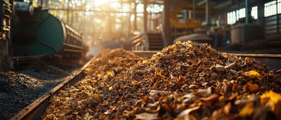 Sunlit factory with wood chips and machinery.