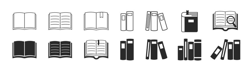 Book icon vector illustration set. Open and closed book. Book stroke outline icons