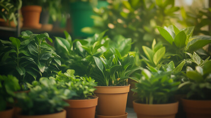 Fototapeta premium Mixed green plants in pots with lots of leaves