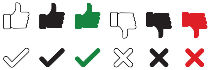 Thumb up, down, tick, and cross icon set