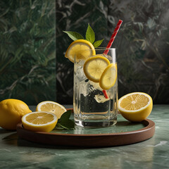 Fresh orange juice in glass cup next to a sliced orange