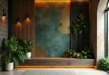 Elegant Biophilic Interior Design with Greenery and Earthy Textures