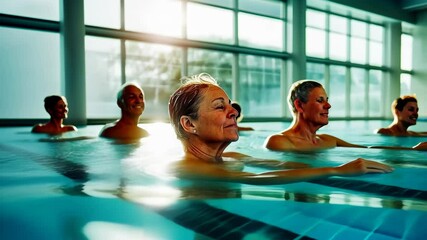 A group of older adults, predominantly Caucasian females, are participating in a reflective aquatic exercise in a well-lit indoor pool. The atmosphere is serene, promoting wellness and community.