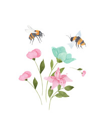 Watercolor illustration of bouquet with pink and blue mint wildflowers and fly bee and bumblebee hand drawn isolated on transparent background. Spring floral art for cards, invitations, baby shower