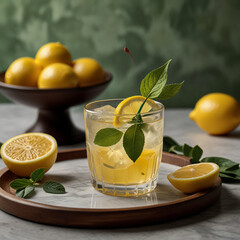 Fresh orange juice in glass cup next to a sliced orange