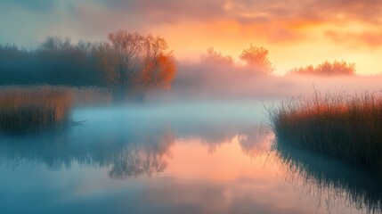 Fototapeta premium A tranquil lake at sunrise with mist, autumn trees, and reflective water, creating a serene and dreamy atmosphere.