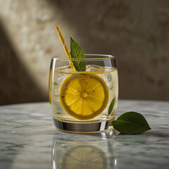 Fresh orange juice in glass cup next to a sliced orange