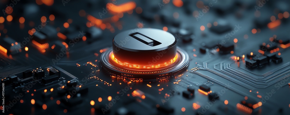 Poster highspeed data protection technology, digital closed padlock hovering over virtual button, dark micr