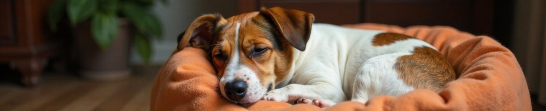 Jack Russell curled up in cushioned cradle, eyes closed tight, home living, peaceful