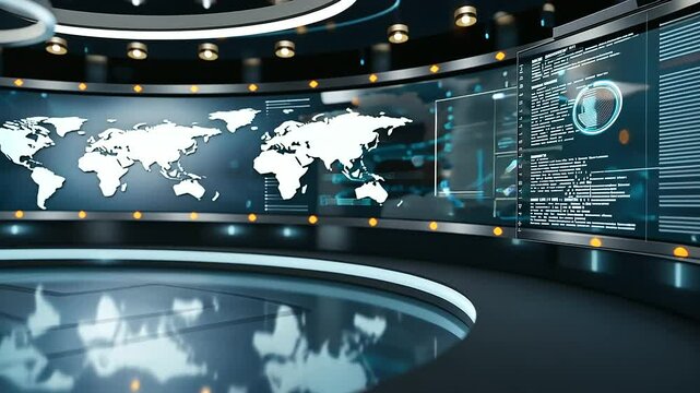 1_Futuristic News Studio Desk with Holographic Displays and Charts