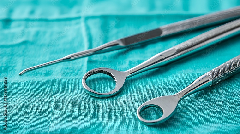 Poster Sterile instruments and tools essential for performing minimally invasive surgeries Stock Photo with side copy space