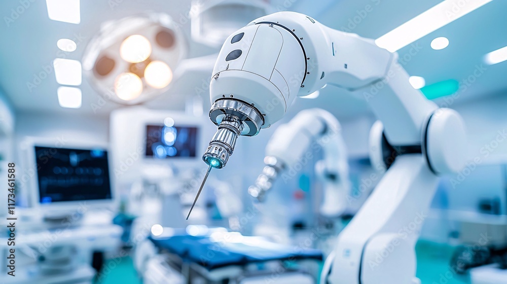 Poster Robotic arms performing complex surgical procedures in a state-of-the-art operating room Stock Photo with side copy space