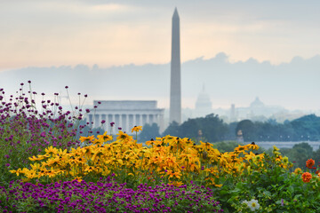 Washington DC cityscape in a foggy sunrise with major city monuments including the Lincoln Memorial and Washington Monument and the Capitol Building