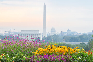 Washington DC cityscape in a foggy sunrise with major city monuments including the Lincoln Memorial...