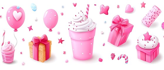 Pink party elements balloons, cupcakes, gifts, milkshake, candy.