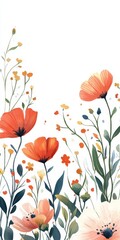 Naklejka premium Colorful watercolor illustration of poppies and wildflowers, showcasing vibrant blooms and delicate foliage on a white backdrop.