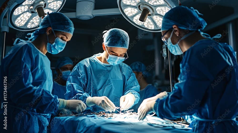 Poster close-up of robotic surgical instruments during a precision operation stock photo with side copy spa