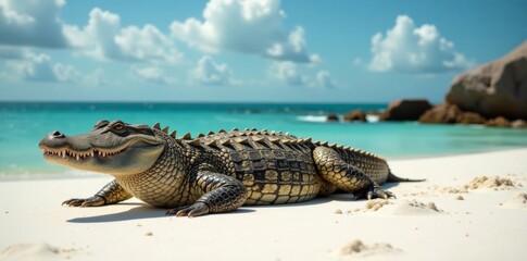 Naklejka premium Large Australian saltwater crocodile lying on white sand beach, reptile, saltwater crocodile
