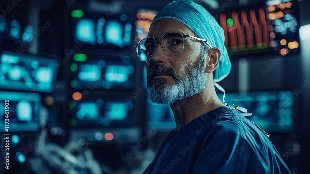 Poster A surgeon controlling robotic arms via a high-tech console in a surgical suite Stock Photo with side copy space