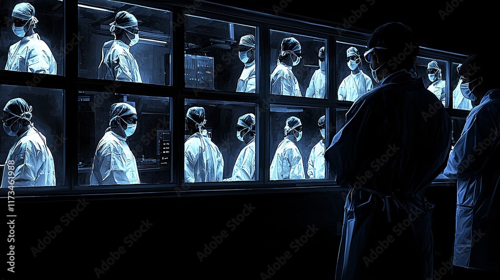 Poster high-resolution monitors displaying live surgery footage from robotic equipment stock photo with sid