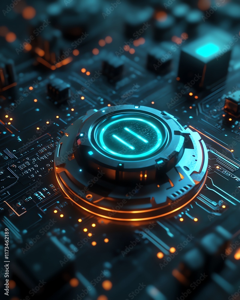 Poster highspeed security and data protection concept, digital closed padlock hovering over virtual button,