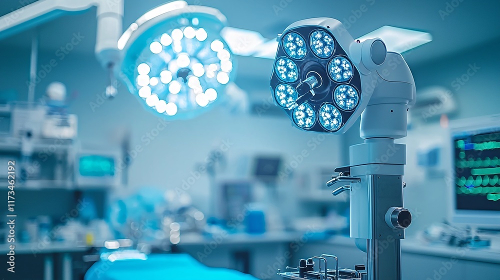Poster robotic surgical setup in a well-lit sterile operating room stock photo with side copy space