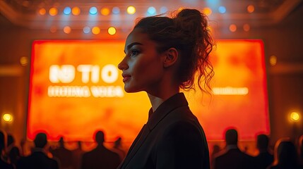 Professional woman in business attire delivering keynote speech on illuminated stage, large projection screen behind, audience silhouettes in foreground