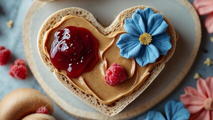 Heart-shaped peanut butter and jelly sandwich, decorated with raspberries and sugar flowers. Perfect for a special occasion!