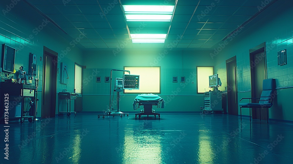 Poster robotic surgical setup in a well-lit sterile operating room stock photo with side copy space