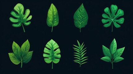 Fototapeta premium Green leaf icon set in flat style for nature-themed designs. 