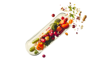 a open pill capsule with various vegetables and fruits flying out isolated on a transparent background