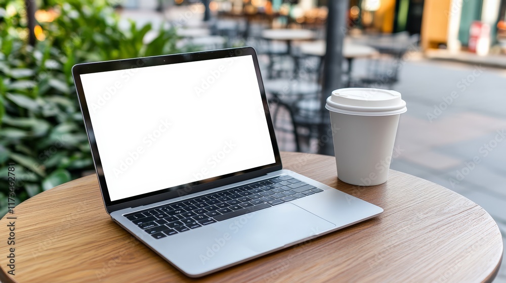 Poster laptop computer showing a blank screen sitting on a wooden table next to a white coffee cup in an ou