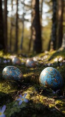 Colorful eggs resting on moss in a serene forest setting.