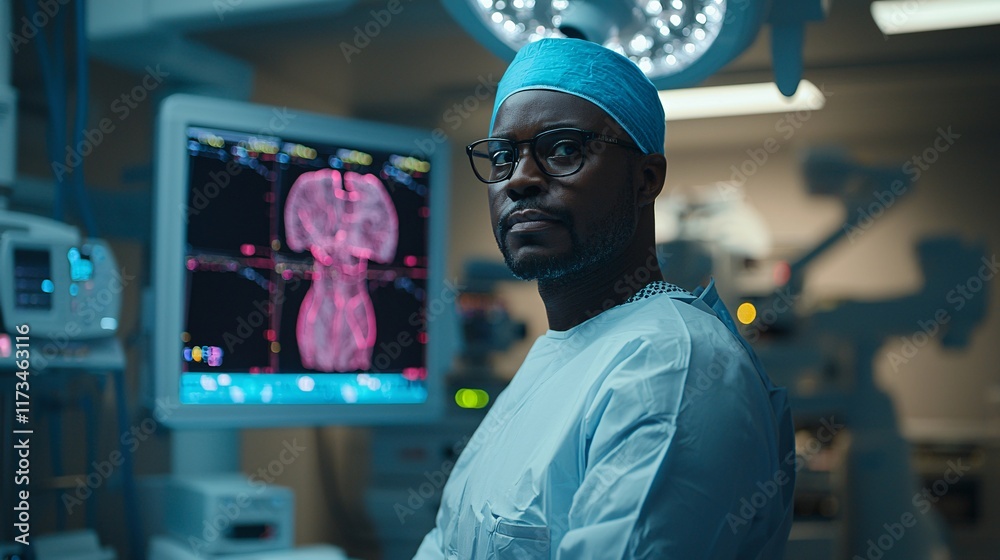 Poster Hands of a surgeon operating a robotic console with extreme concentration Stock Photo with side copy space