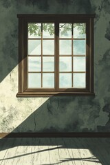 Fototapeta premium Sunlight streams through a vintage window, casting shadows on a rustic wall, creating a serene and peaceful atmosphere.