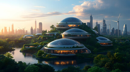 A futuristic cityscape featuring eco-friendly domed structures surrounded by greenery and water, highlighting sustainable living.