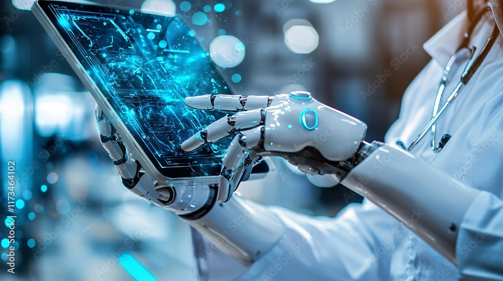 Poster medical professionals collaborating around robotic surgery tools during a procedure stock photo with