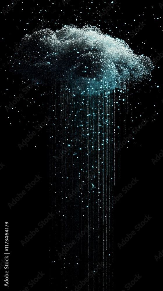 Poster abstract cloud of data droplets with streaming text elements in dark space for modern design purpose
