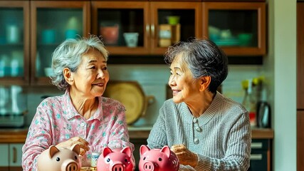 Two elderly Asian women, dressed in pastel attire, share a warm conversation at home, surrounded by colorful piggy banks. The cozy atmosphere reflects a theme of friendship and financial planning.
