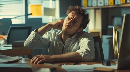 Obraz premium Frustrated worker in modern office, deep thought.