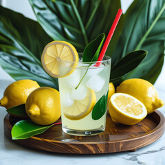Fresh orange juice in glass cup next to a sliced orange