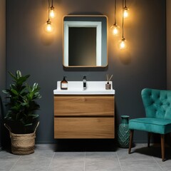 Modern bathroom vanity, round mirror, hanging globe lights, warm ambient lighting, wooden cabinet, turquoise velvet armchair, potted cactus plants, minimalist design, earthy tones, stylish interior, c