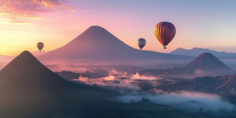 Majestic Mount Fuji at sunrise, hot air balloons floating above misty clouds, vibrant orange and pink sky, serene landscape, dreamy atmosphere, aerial view, panoramic composition, ethereal lighting, r